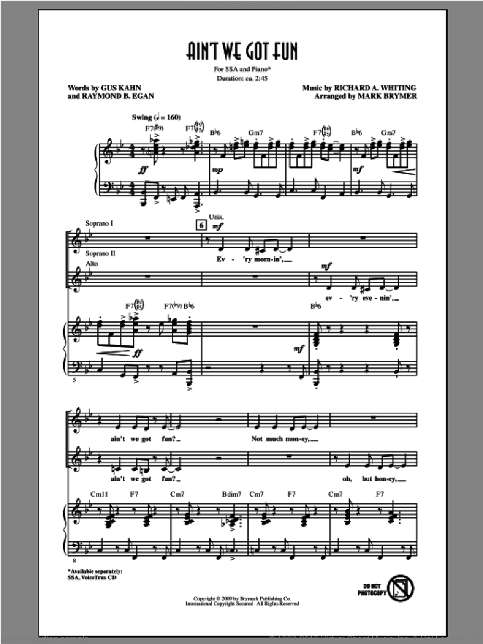 Ain't We Got Fun? sheet music for choir (SSA: soprano, alto) by Mark Brymer, intermediate skill level