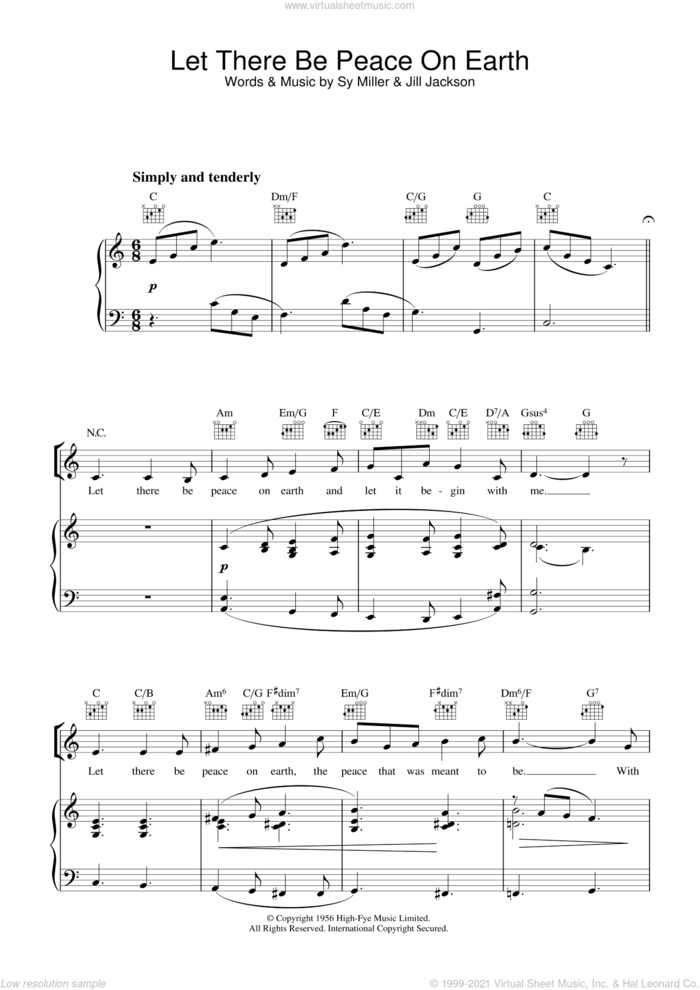 Let There Be Peace On Earth sheet music for voice, piano or guitar by The Choirboys, Jill Jackson and Sy Miller, intermediate skill level