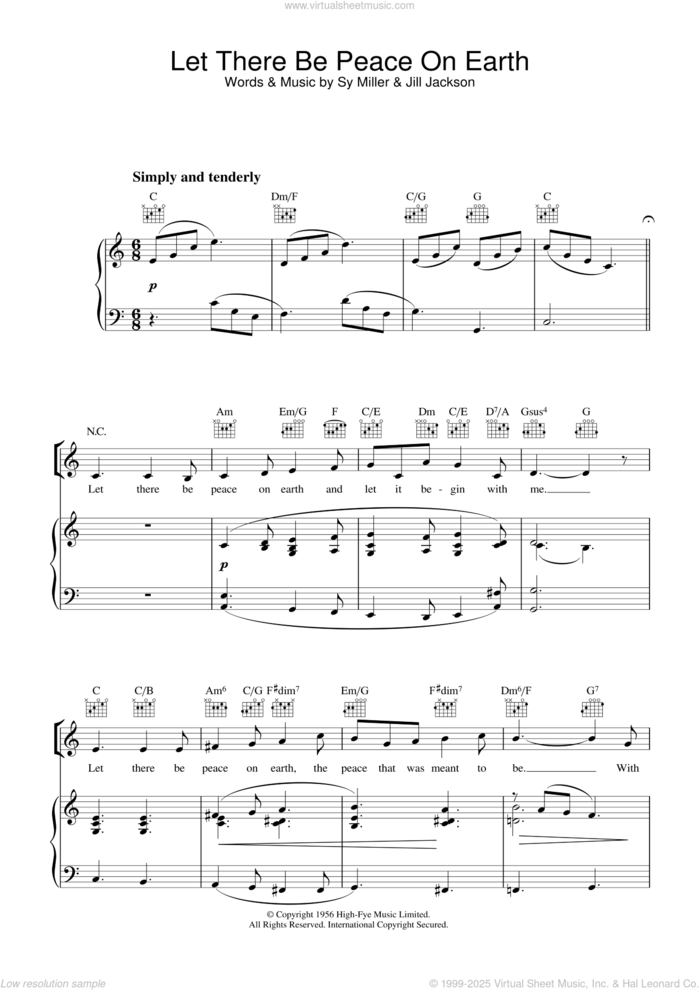 Let There Be Peace On Earth sheet music for voice, piano or guitar by The Choirboys, Jill Jackson and Sy Miller, intermediate skill level