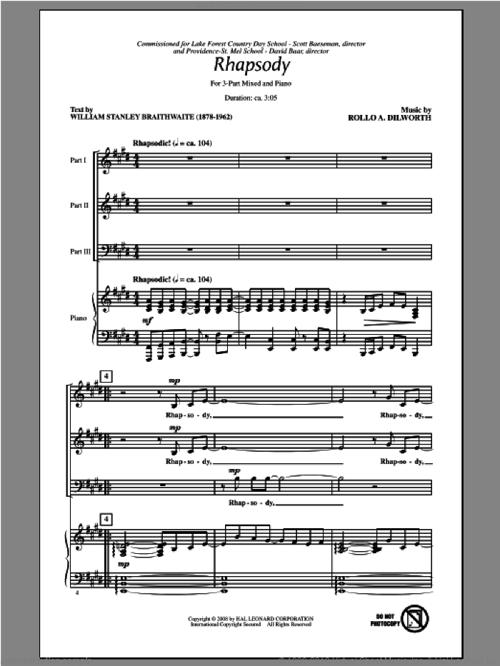 Rhapsody sheet music for choir (3-Part Mixed) by Rollo Dilworth, intermediate skill level