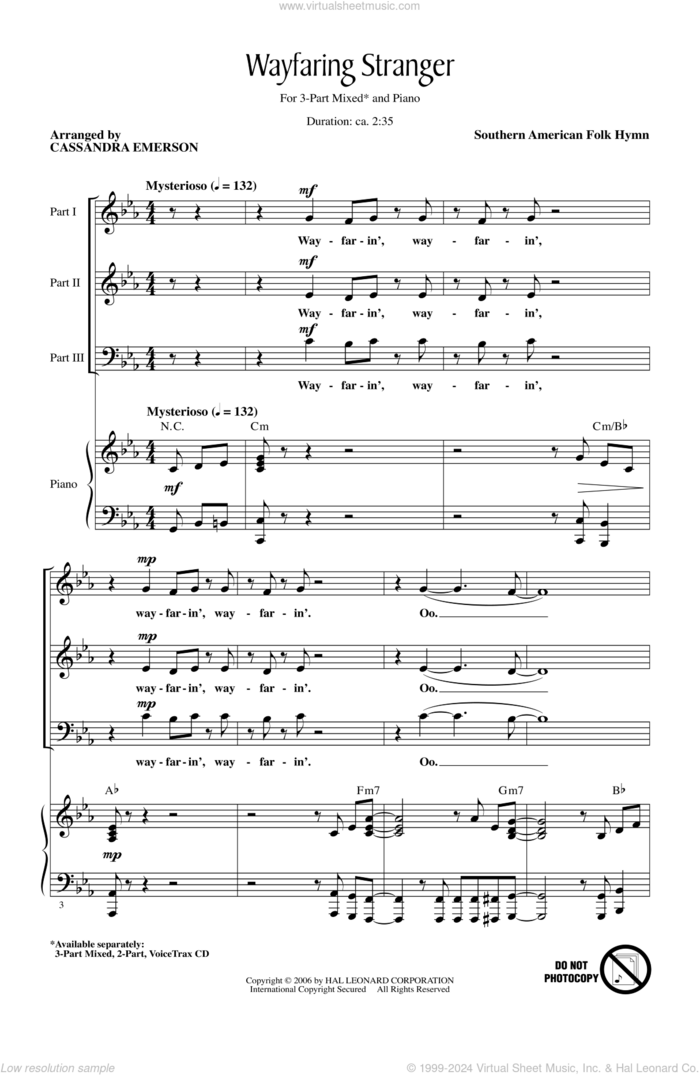 Wayfaring Stranger (arr. Ryder Emerson) sheet music for choir (3-Part Mixed) by Cassandra Emerson, Ryder Emerson and Miscellaneous, intermediate skill level