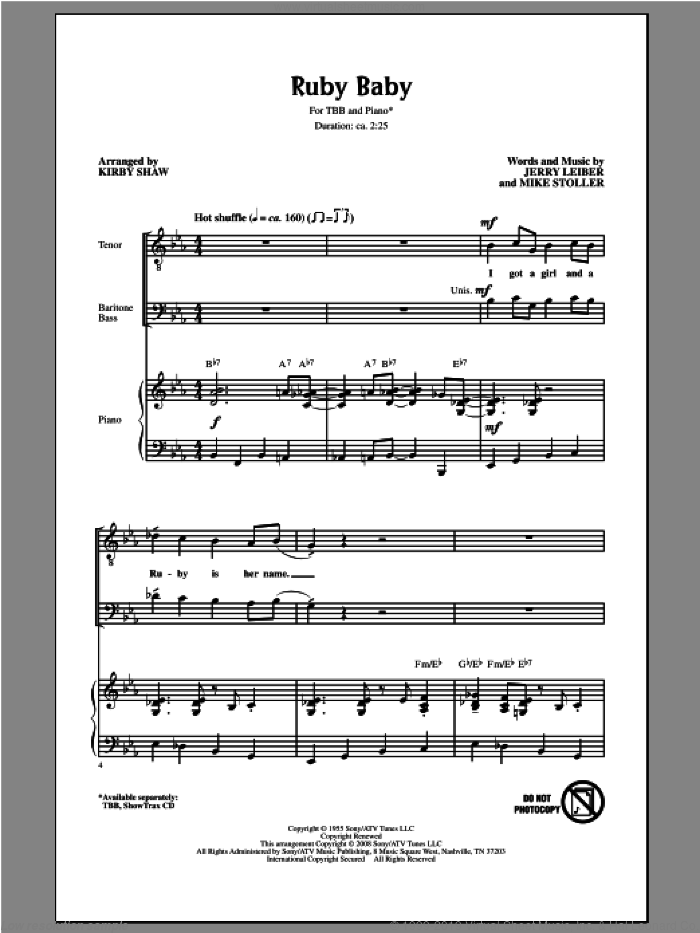 Ruby Baby sheet music for choir (TBB: tenor, bass) by Kirby Shaw, intermediate skill level