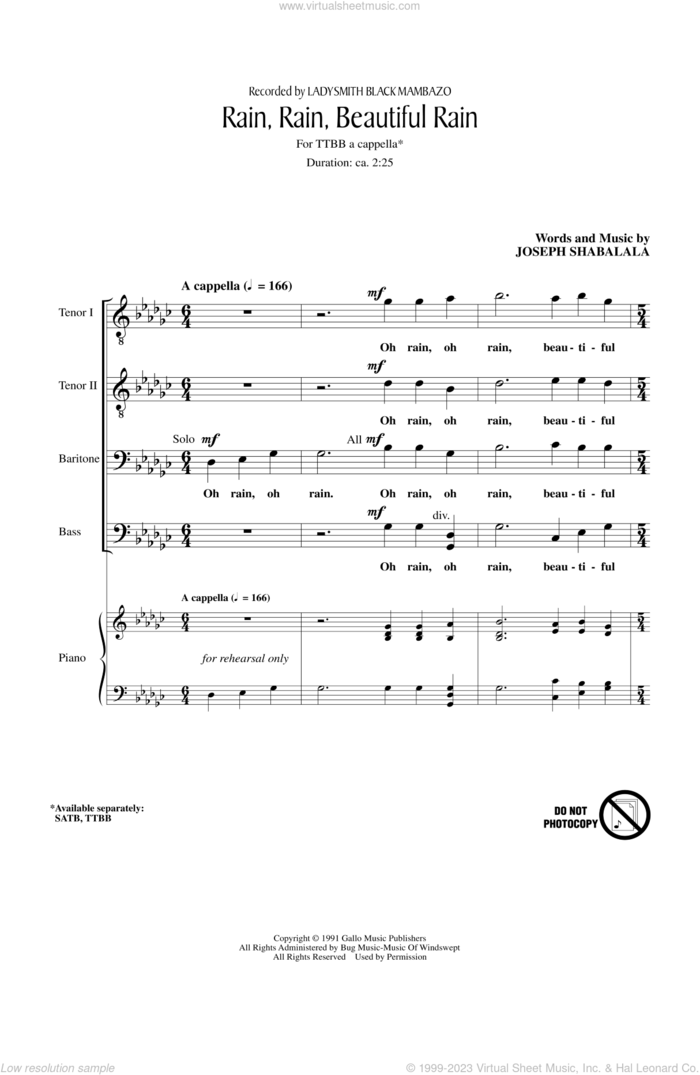 Rain, Rain, Beautiful Rain sheet music for choir (TTBB: tenor, bass) by Joseph Shabalala and Ladysmith Black Mambazo, intermediate skill level