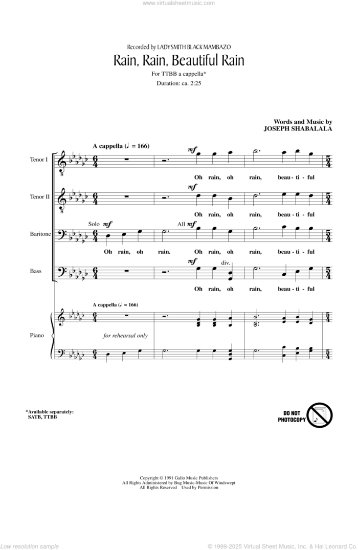 Rain, Rain, Beautiful Rain sheet music for choir (TTBB: tenor, bass) by Joseph Shabalala and Ladysmith Black Mambazo, intermediate skill level