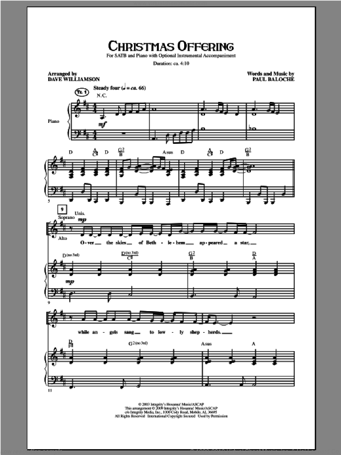 Christmas Offering sheet music for choir (SATB: soprano, alto, tenor, bass) by Paul Baloche and Dave Williamson, intermediate skill level