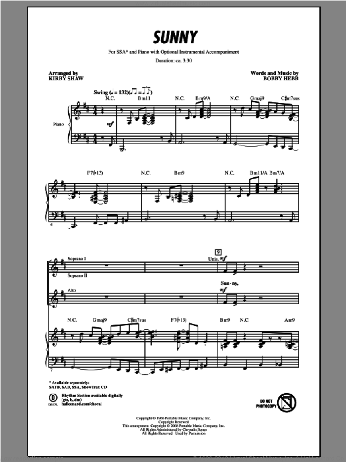 Sunny (arr. Kirby Shaw) sheet music for choir (SSA: soprano, alto) by Bobby Hebb and Kirby Shaw, intermediate skill level