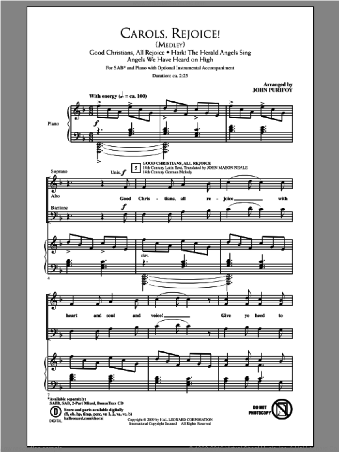 Carols, Rejoice (Medley) sheet music for choir (SAB: soprano, alto, bass) by John Purifoy, intermediate skill level