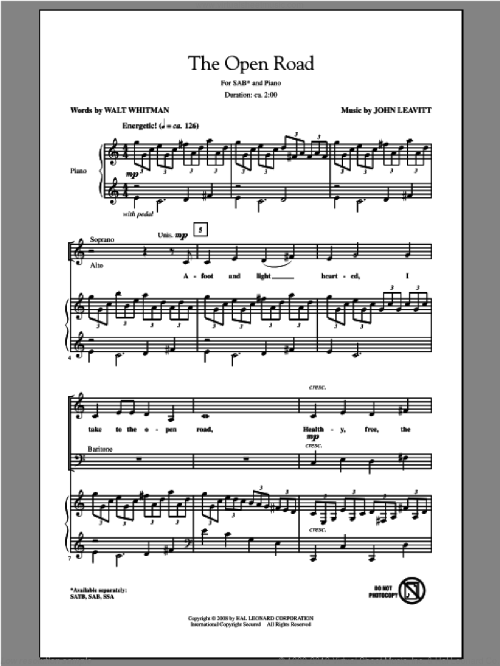 The Open Road sheet music for choir (SAB: soprano, alto, bass) by John Leavitt, intermediate skill level