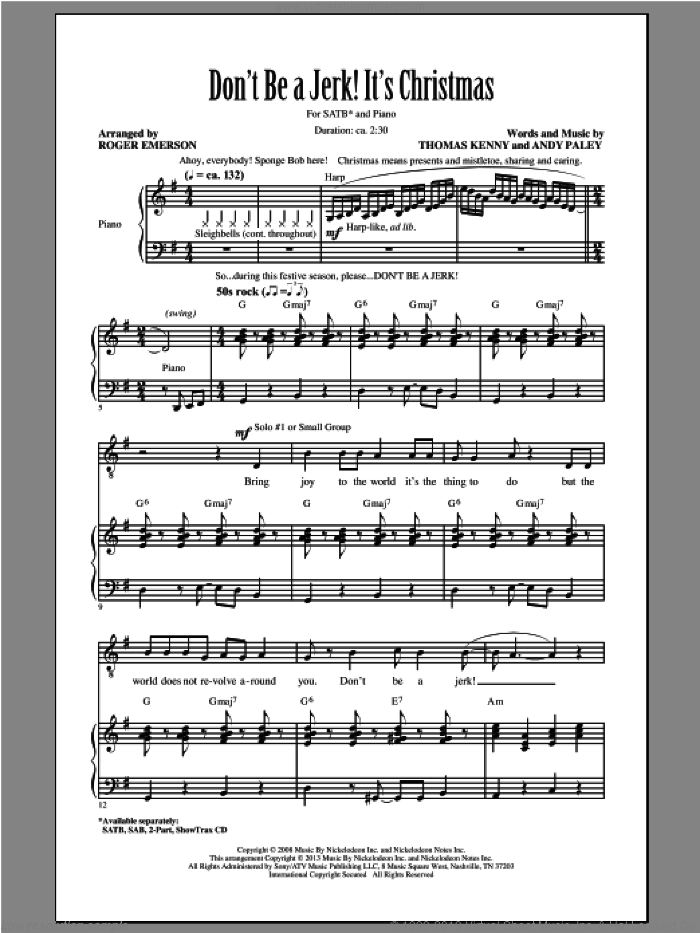 Don't Be A Jerk It's Christmas sheet music for choir (SATB: soprano, alto, tenor, bass) by Roger Emerson and SpongeBob SquarePants, intermediate skill level
