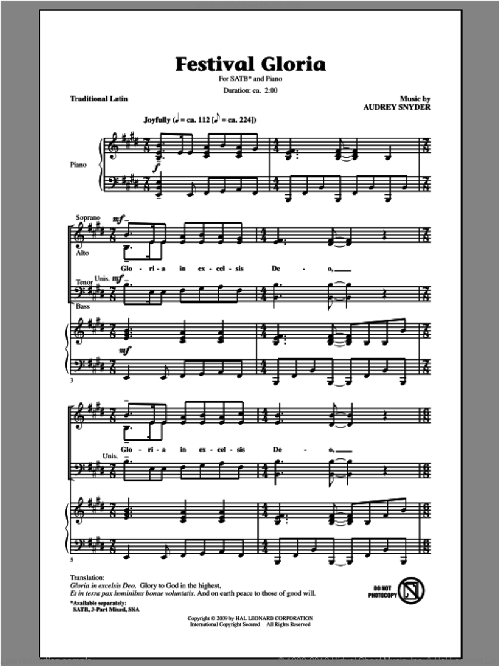 Festival Gloria sheet music for choir (SATB: soprano, alto, tenor, bass) by Audrey Snyder, intermediate skill level