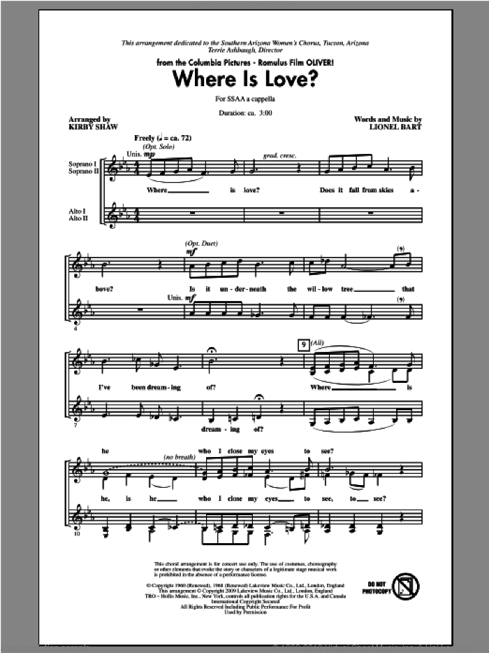 Where Is Love? sheet music for choir (SSA: soprano, alto) by Kirby Shaw and Lionel Bart, intermediate skill level