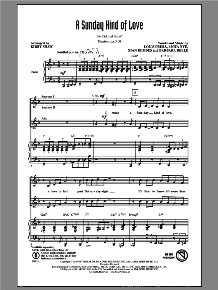 A Sunday Kind Of Love sheet music for choir (SSA: soprano, alto) by Kirby Shaw, intermediate skill level