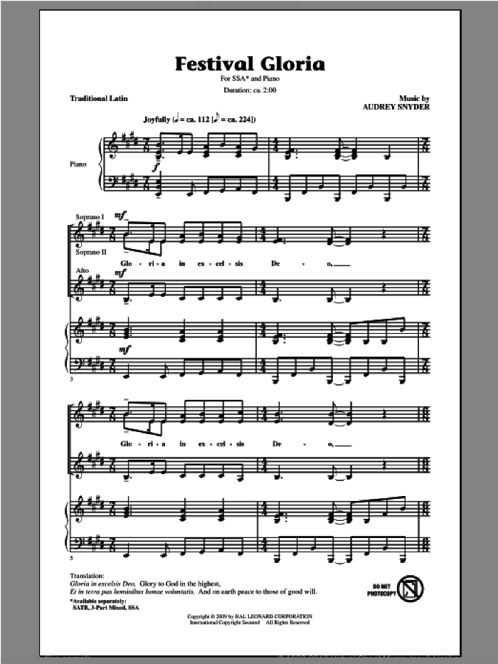 Festival Gloria sheet music for choir (SSA: soprano, alto) by Audrey Snyder, intermediate skill level