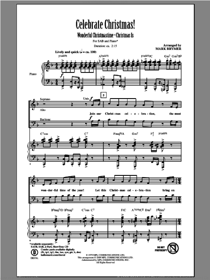 Celebrate Christmas! (Medley) sheet music for choir (SAB: soprano, alto, bass) by Mark Brymer, intermediate skill level