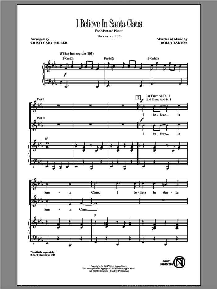 I Believe In Santa Claus sheet music for choir (2-Part) by Dolly Parton and Cristi Cary Miller, intermediate duet