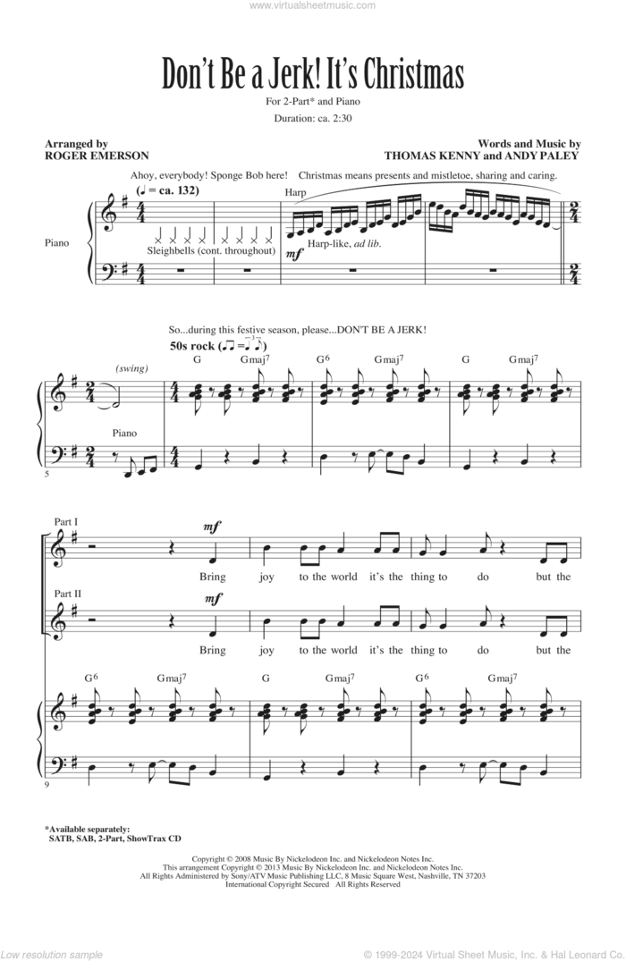 Don't Be A Jerk It's Christmas sheet music for choir (2-Part) by Roger Emerson and SpongeBob SquarePants, intermediate duet