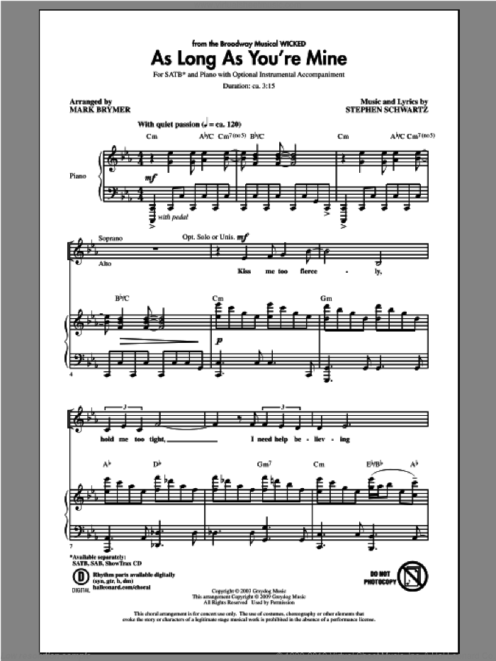 As Long As You're Mine (from Wicked) sheet music for choir (SATB: soprano, alto, tenor, bass) by Mark Brymer and Stephen Schwartz, intermediate skill level