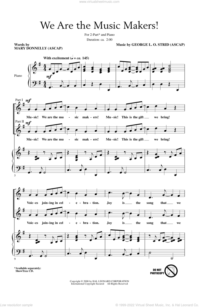 We Are The Music Makers! sheet music for choir (2-Part) by Mary Donnelly and George L.O. Strid, intermediate duet