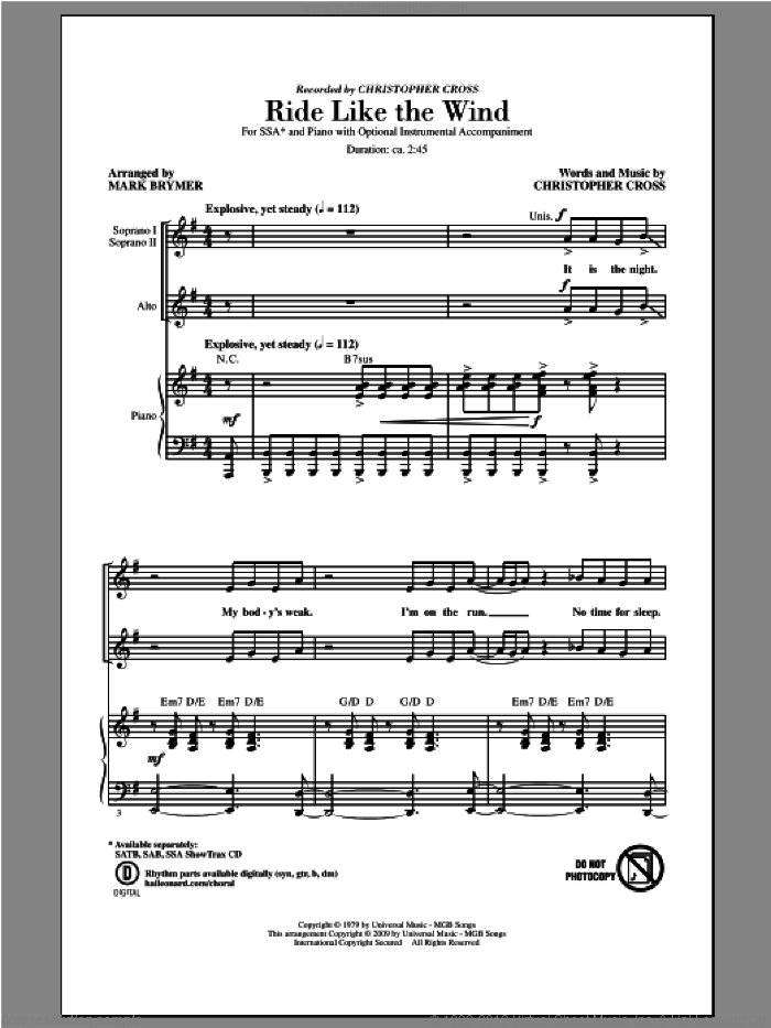 Ride Like The Wind sheet music for choir (SSA: soprano, alto) by Mark Brymer and Christopher Cross, intermediate skill level