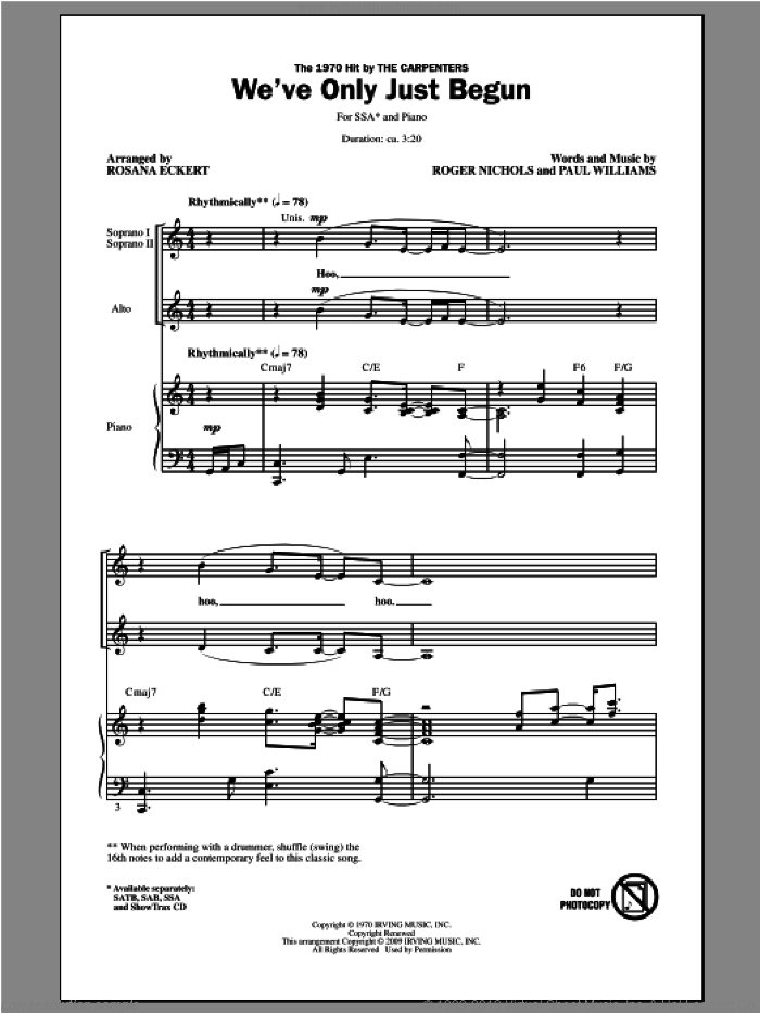 We've Only Just Begun sheet music for choir (SSA: soprano, alto) by Rosana Eckert, intermediate skill level