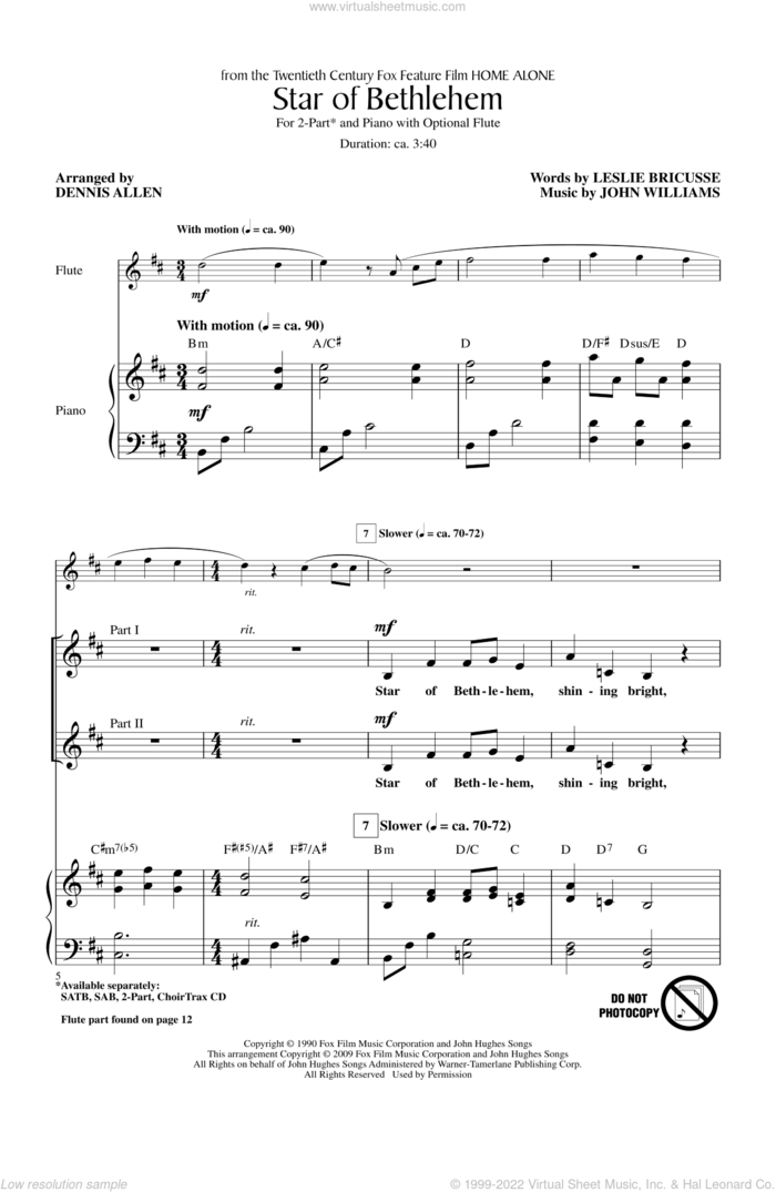 Star Of Bethlehem sheet music for choir (2-Part) by John Williams and Dennis Allen, intermediate duet