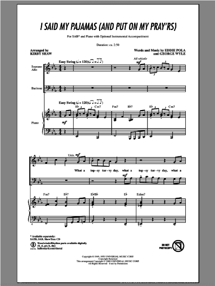 I Said My Pajamas (And Put On My Pray'rs) sheet music for choir (SAB: soprano, alto, bass) by Kirby Shaw, intermediate skill level