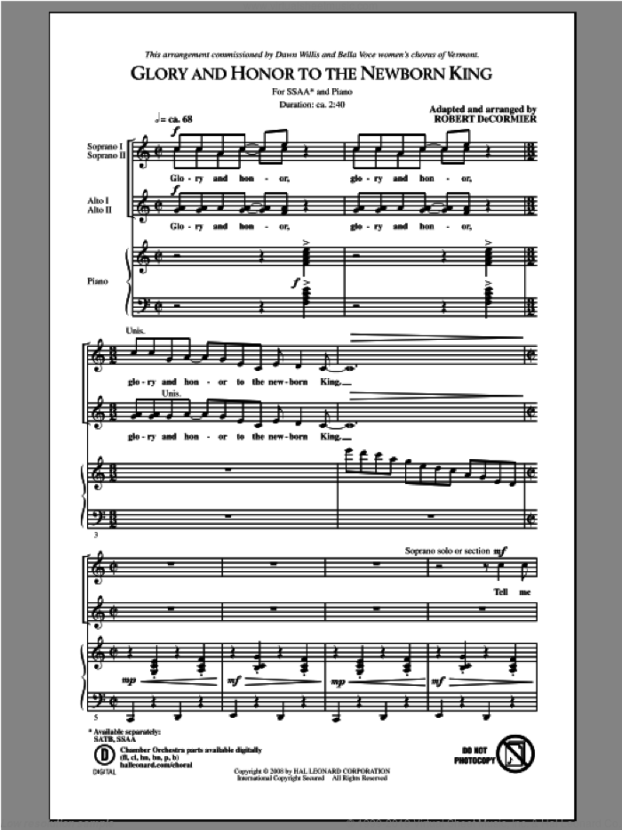 Glory and Honor To The Newborn King sheet music for choir (SSA: soprano, alto) by Robert DeCormier, intermediate skill level