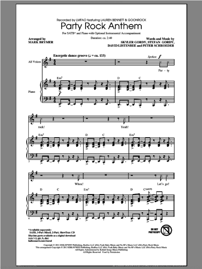 Party Rock Anthem sheet music for choir (SATB: soprano, alto, tenor, bass) by Mark Brymer and LMFAO, intermediate skill level