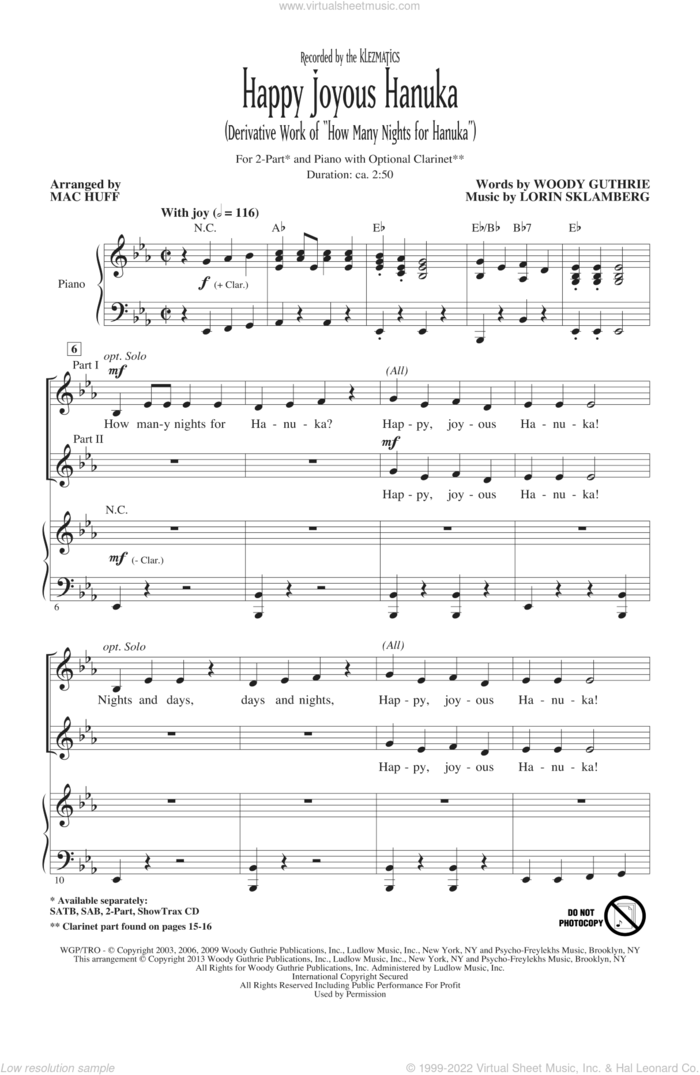 Happy Joyous Hanuka sheet music for choir (2-Part) by Mac Huff and Klezmatics, intermediate duet