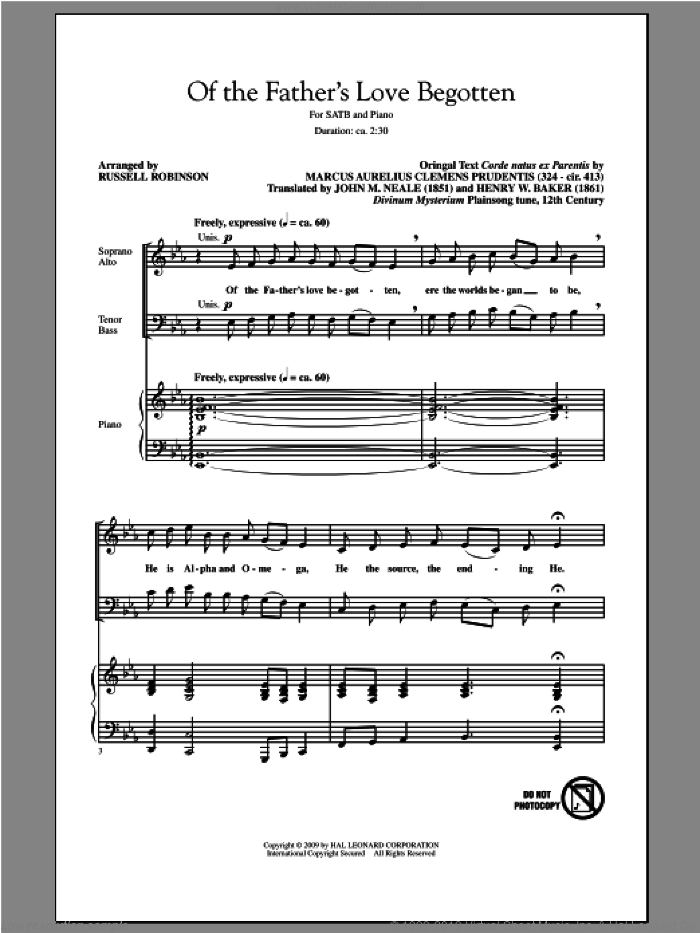 Of The Father's Love Begotten sheet music for choir (SATB: soprano, alto, tenor, bass) by Russell Robinson, intermediate skill level