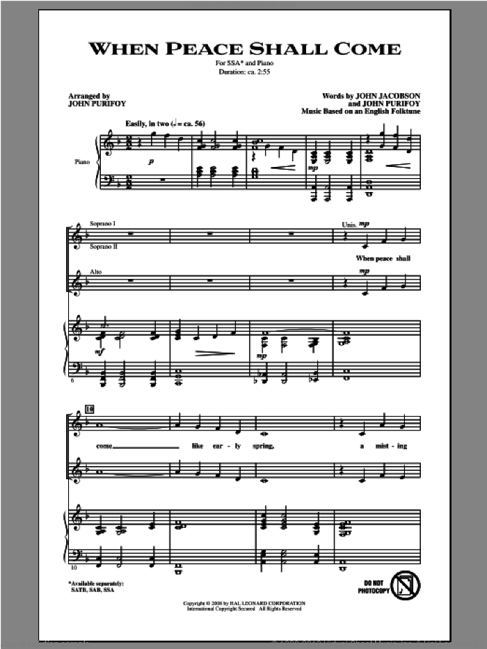 When Peace Shall Come sheet music for choir (SSA: soprano, alto) by John Purifoy and John Jacobson, intermediate skill level