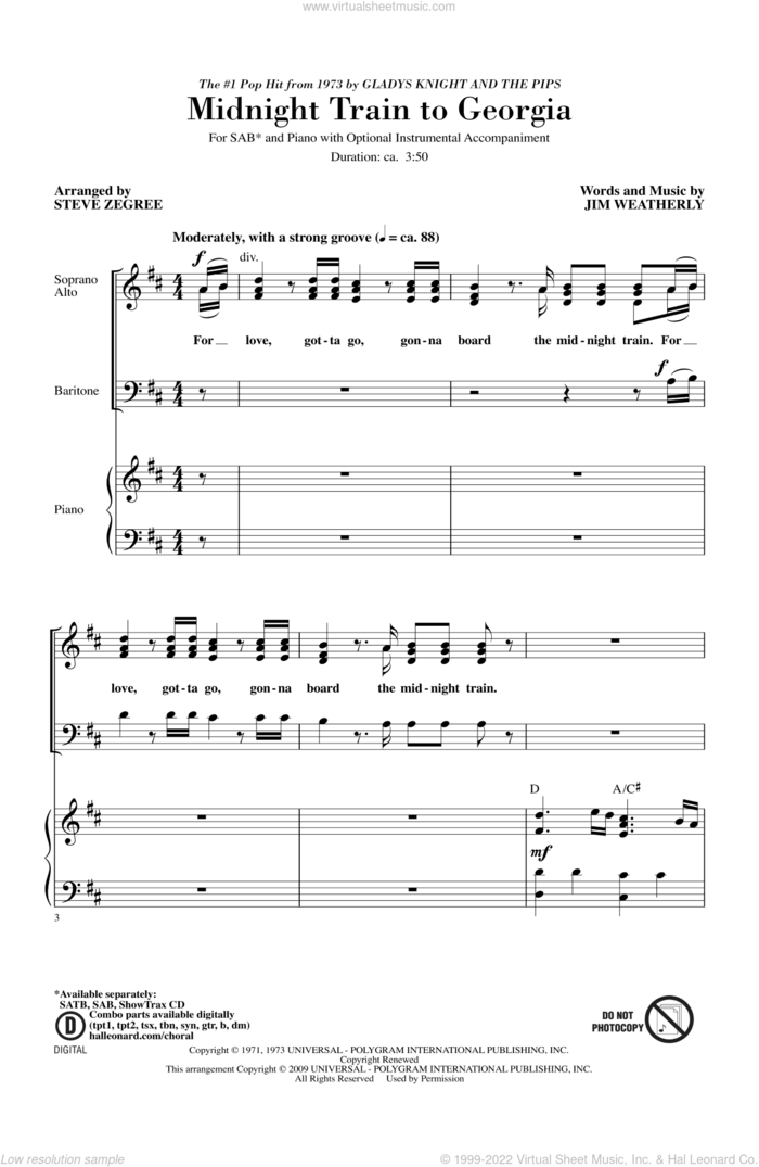 Midnight Train To Georgia sheet music for choir (SAB: soprano, alto, bass) by Steve Zegree, intermediate skill level