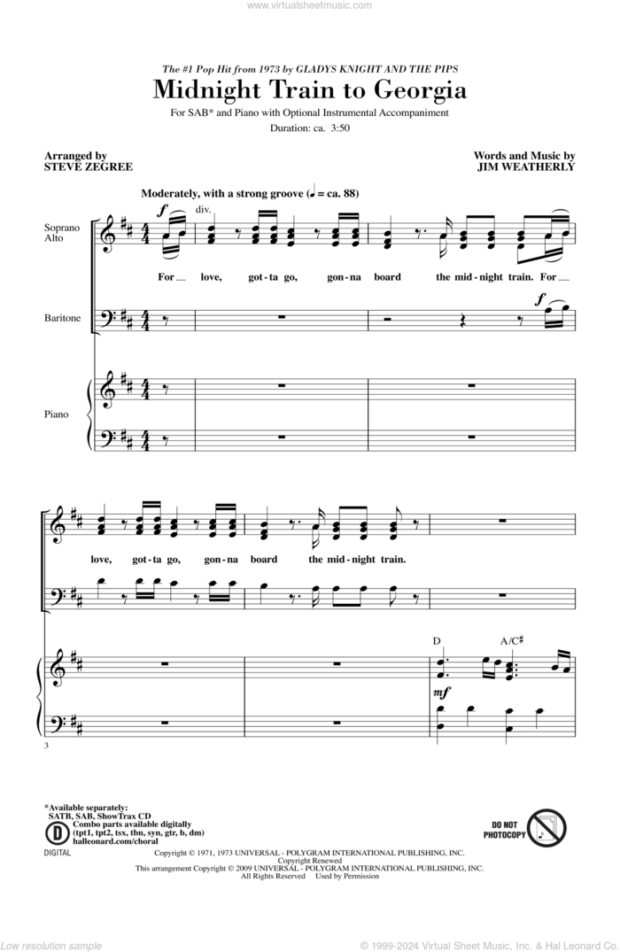 Midnight Train To Georgia sheet music for choir (SAB: soprano, alto, bass) by Steve Zegree, intermediate skill level