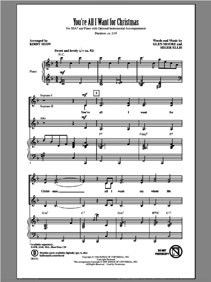 You're All I Want For Christmas sheet music for choir (SSA: soprano, alto) by Kirby Shaw, intermediate skill level