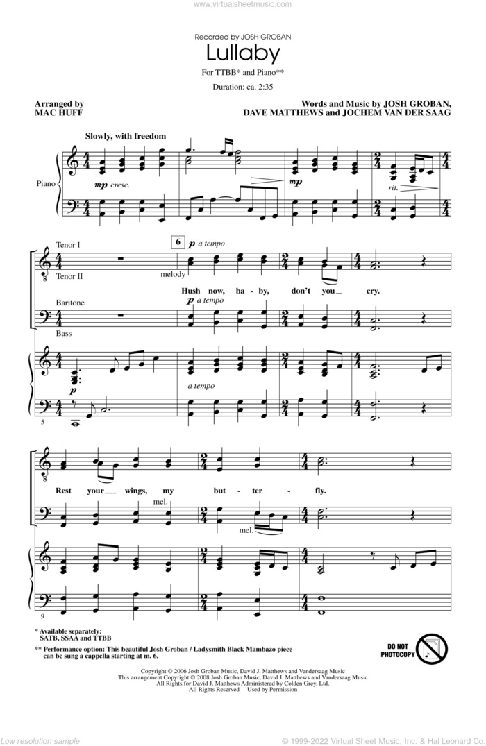 Lullaby sheet music for choir (TTBB: tenor, bass) by Mac Huff and Josh Groban, intermediate skill level