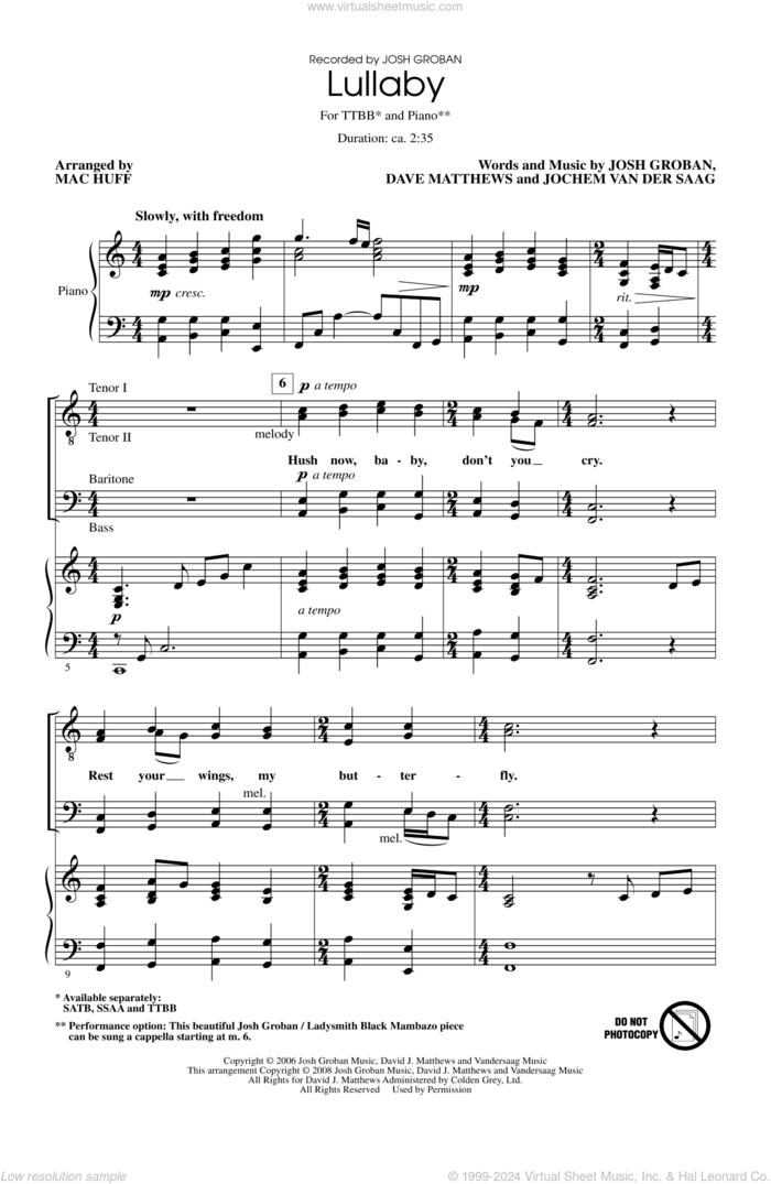 Lullaby sheet music for choir (TTBB: tenor, bass) by Mac Huff and Josh Groban, intermediate skill level