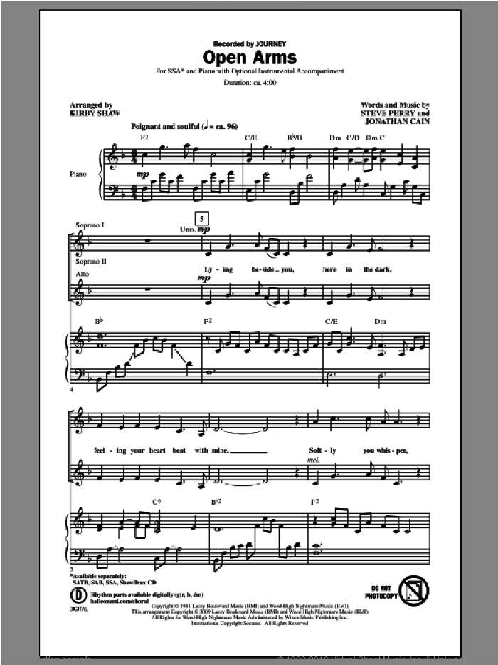 Open Arms sheet music for choir (SSA: soprano, alto) by Kirby Shaw and Journey, intermediate skill level
