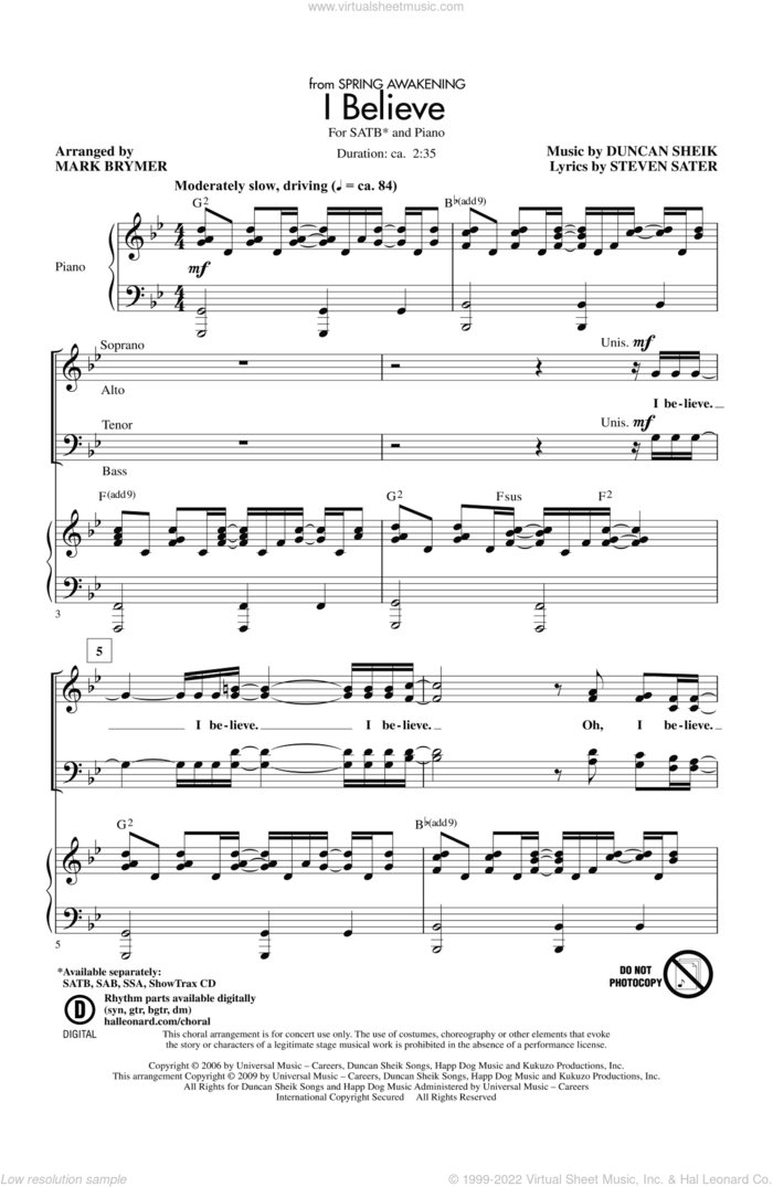 I Believe (from Spring Awakening) sheet music for choir (SATB: soprano, alto, tenor, bass) by Mark Brymer, intermediate skill level