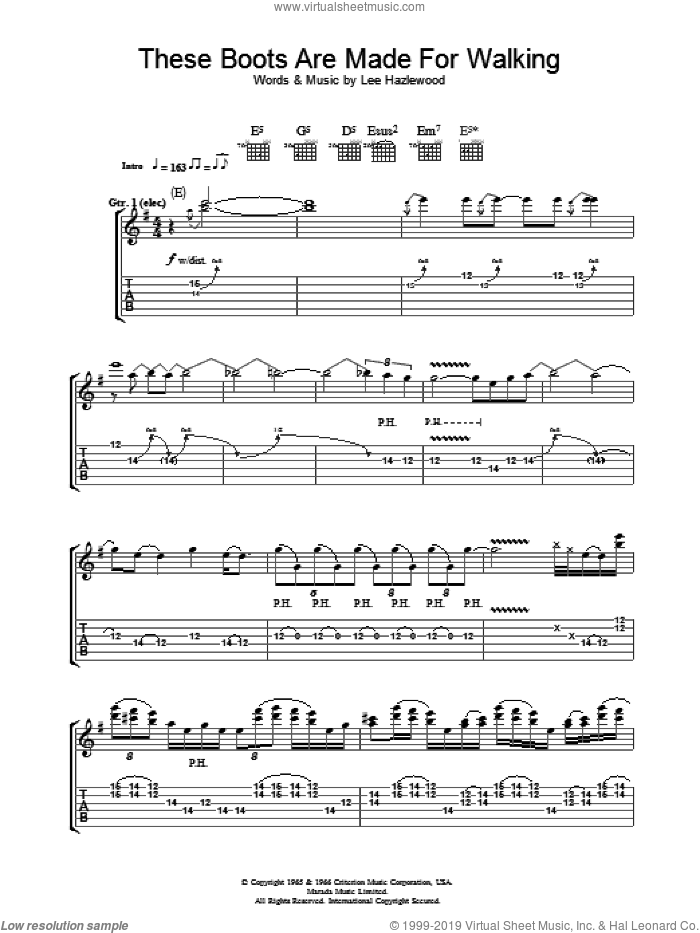 These Boots Are Made For Walking sheet music for guitar (tablature) by Megadeth and Lee Hazlewood, intermediate skill level