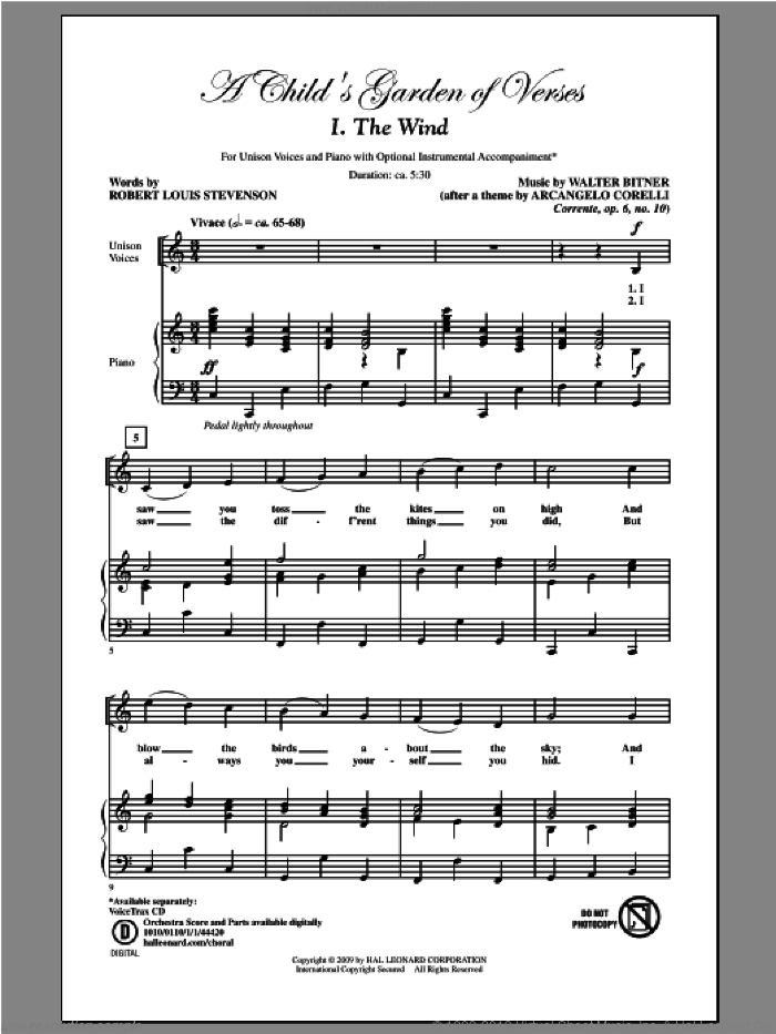 A Child's Garden of Verses (Set I) sheet music for choir (Unison) by Walter Bitner, intermediate skill level
