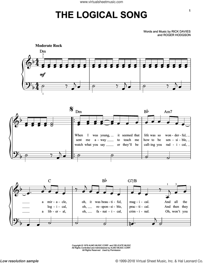 The Logical Song sheet music for piano solo by Supertramp, beginner skill level