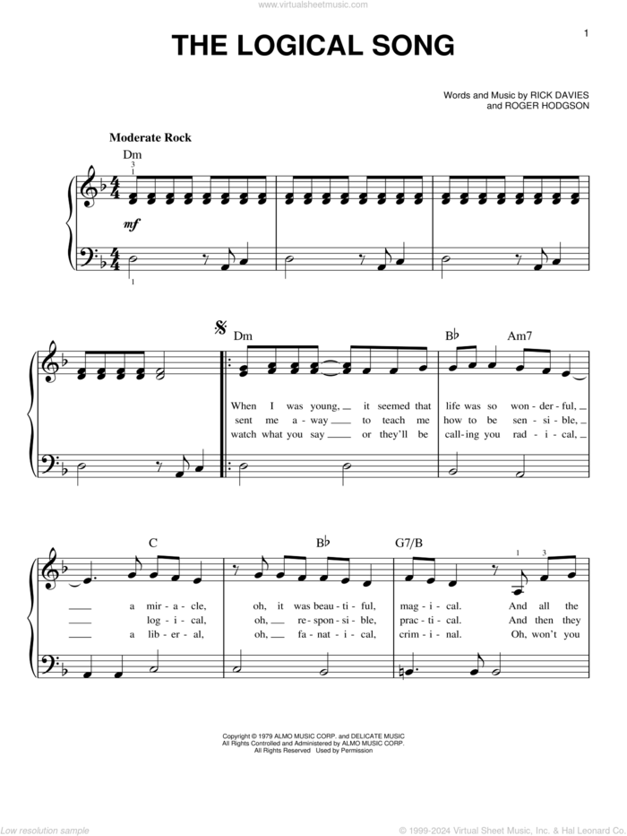 The Logical Song sheet music for piano solo by Supertramp, beginner skill level