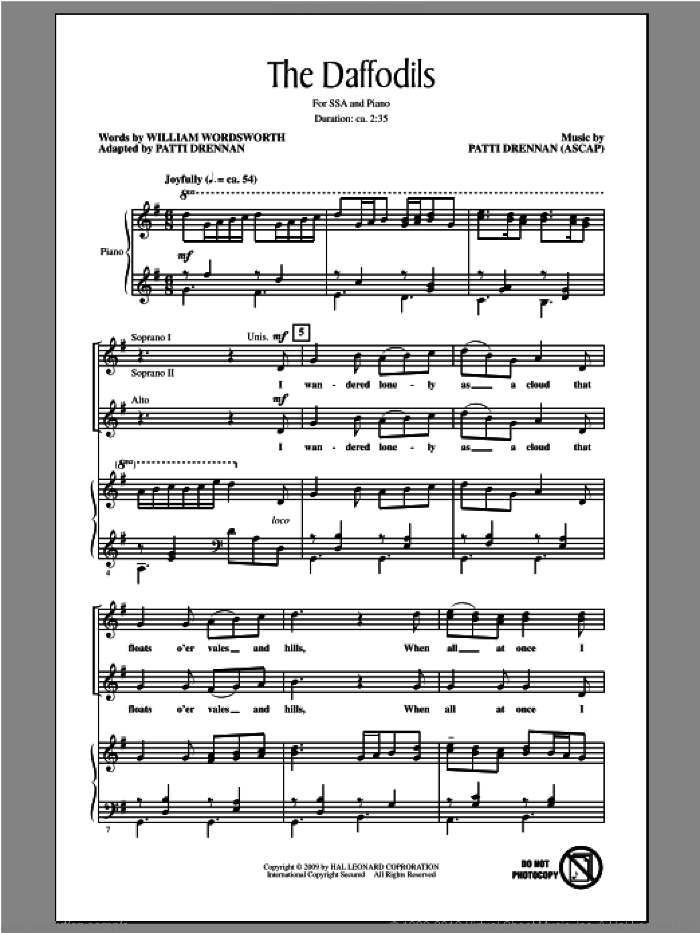 The Daffodils sheet music for choir (SSA: soprano, alto) by Patti Drennan, intermediate skill level