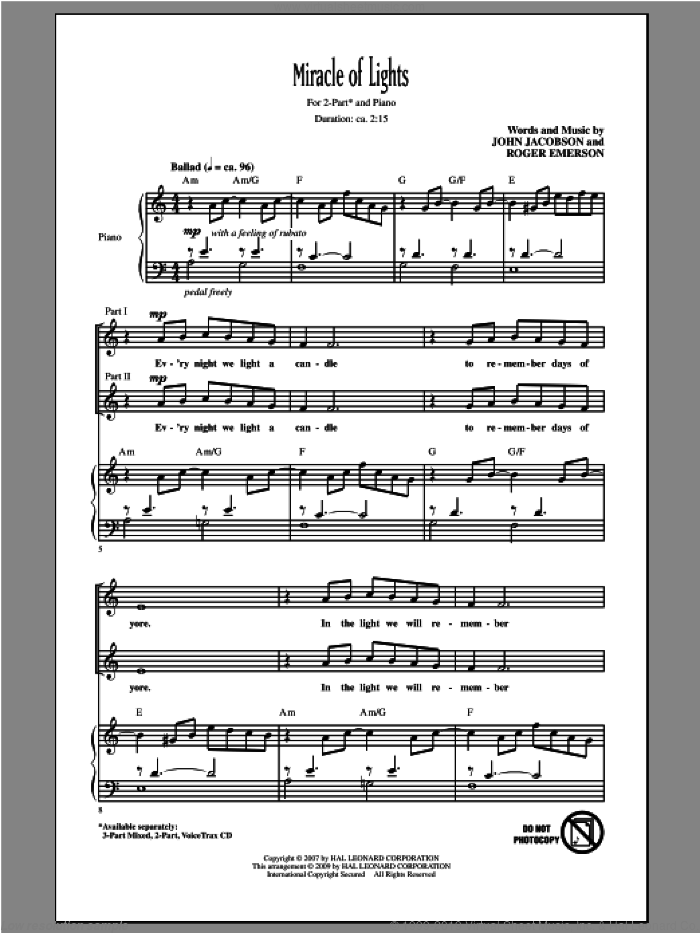 Miracle Of Lights sheet music for choir (2-Part) by Roger Emerson and John Jacobson, intermediate duet