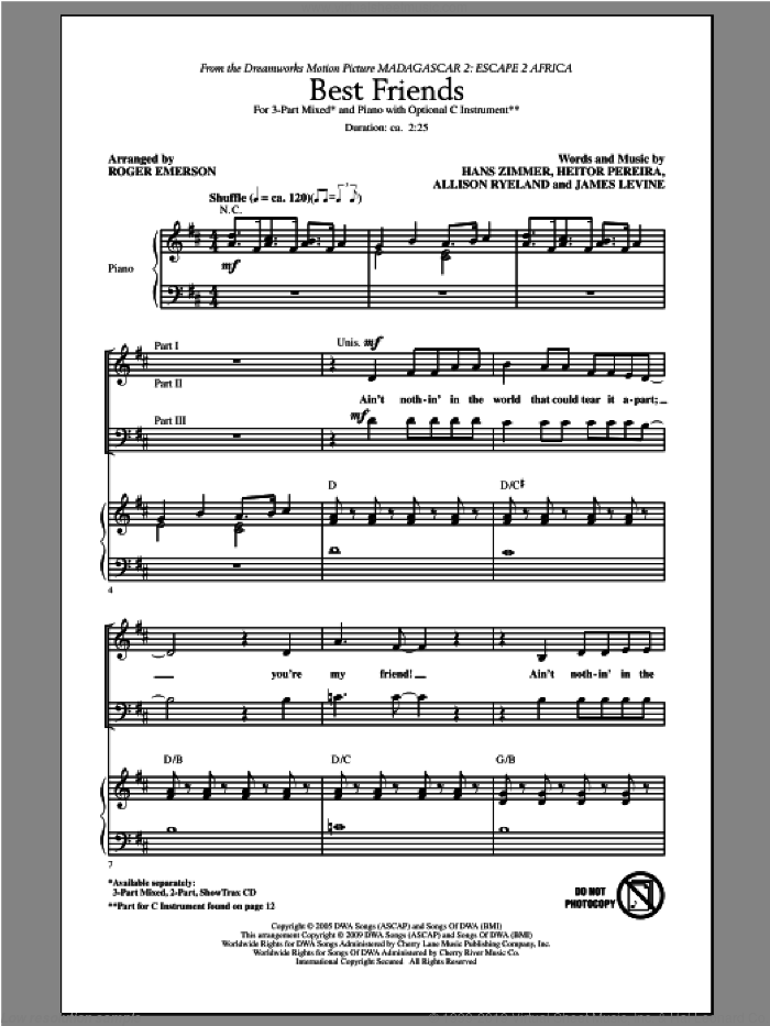 Best Friends (from Madagascar 2: Escape 2 Africa) sheet music for choir (3-Part Mixed) by Roger Emerson, intermediate skill level