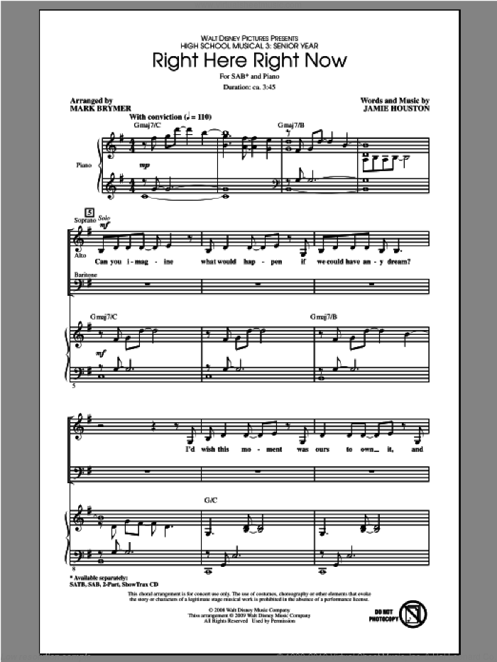 Right Here Right Now (from High School Musical 3) sheet music for choir (SAB: soprano, alto, bass) by Mark Brymer, intermediate skill level