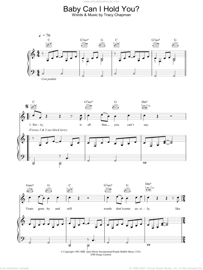 Baby Can I Hold You sheet music for voice, piano or guitar by Boyzone and Tracy Chapman, intermediate skill level