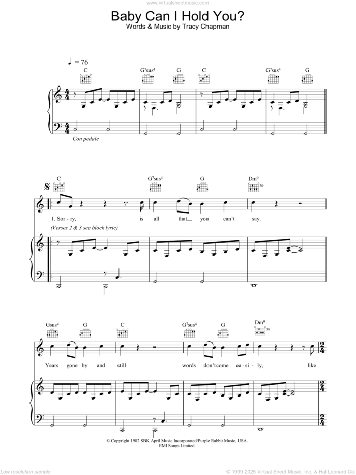 Baby Can I Hold You sheet music for voice, piano or guitar by Boyzone and Tracy Chapman, intermediate skill level