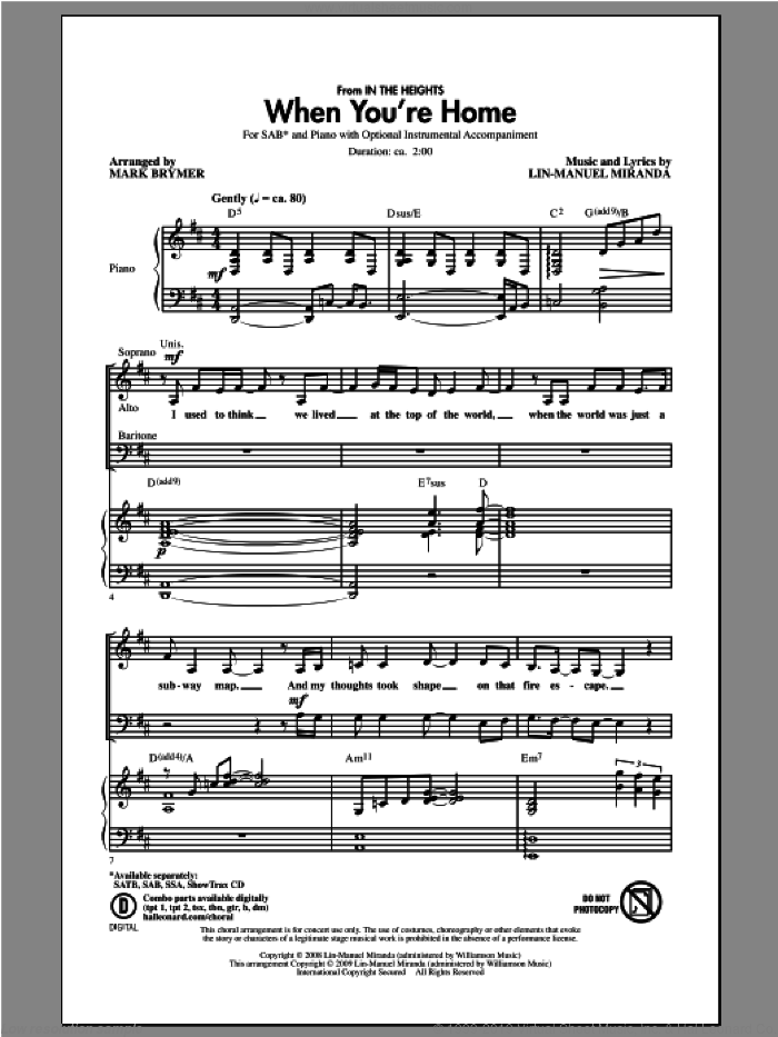 When You're Home (from In The Heights) (arr. Mark Brymer) sheet music for choir (SAB: soprano, alto, bass) by Mark Brymer and Lin-Manuel Miranda, intermediate skill level