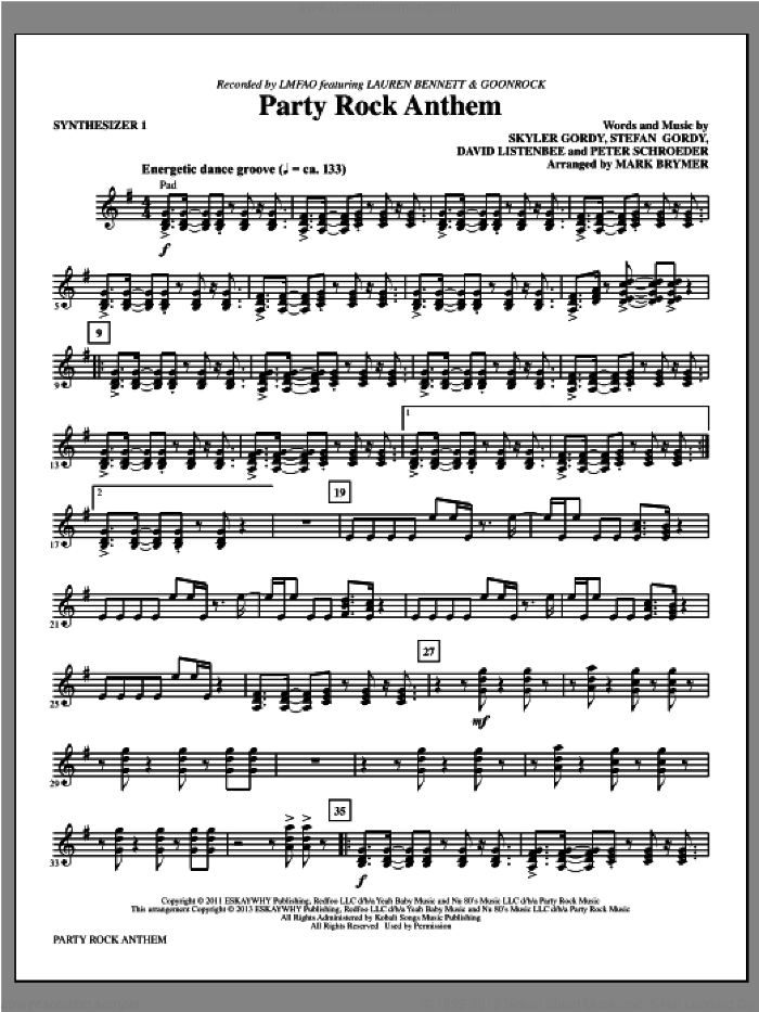 Party Rock Anthem (complete set of parts) sheet music for orchestra/band by Mark Brymer and LMFAO, intermediate skill level